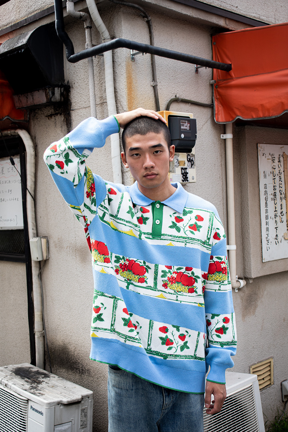 Shuangxi Fruit Staircase Polo Long Sleeve Top-Blue