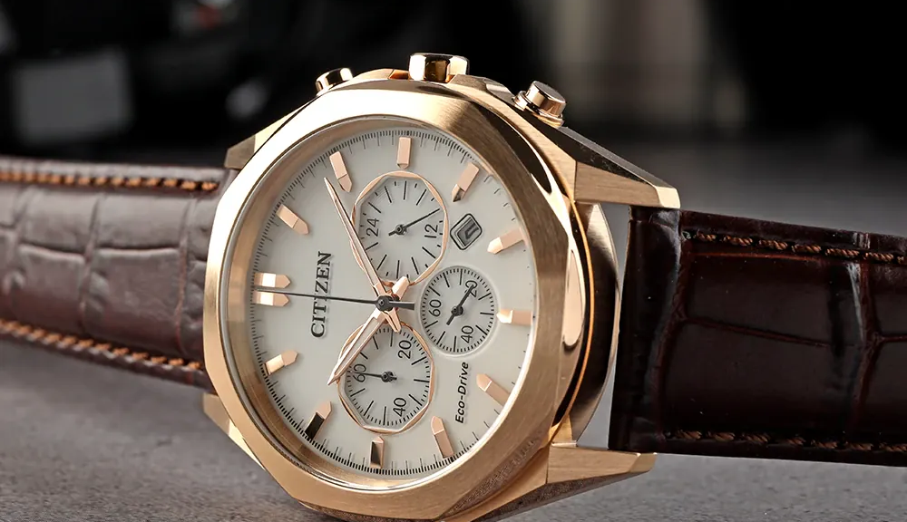 萬年鐘錶 - Citizen 星辰錶  玫瑰金框三眼光動能紳士皮革款男錶  CA4593-15A  錶徑41MM