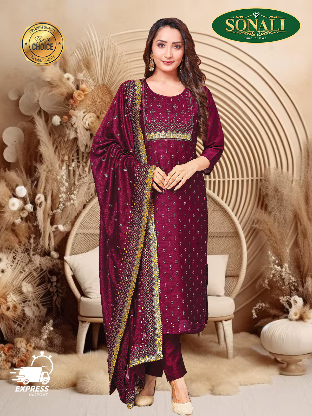 Sonali Premier Red Family Collection Men's Top Kurta / Women's Set (Free Dupatta) / Kid's Girls Set (Free Dupatta) / Boy's Kurta Top - Q1870 / Q1871 / Q1872 / Q1873