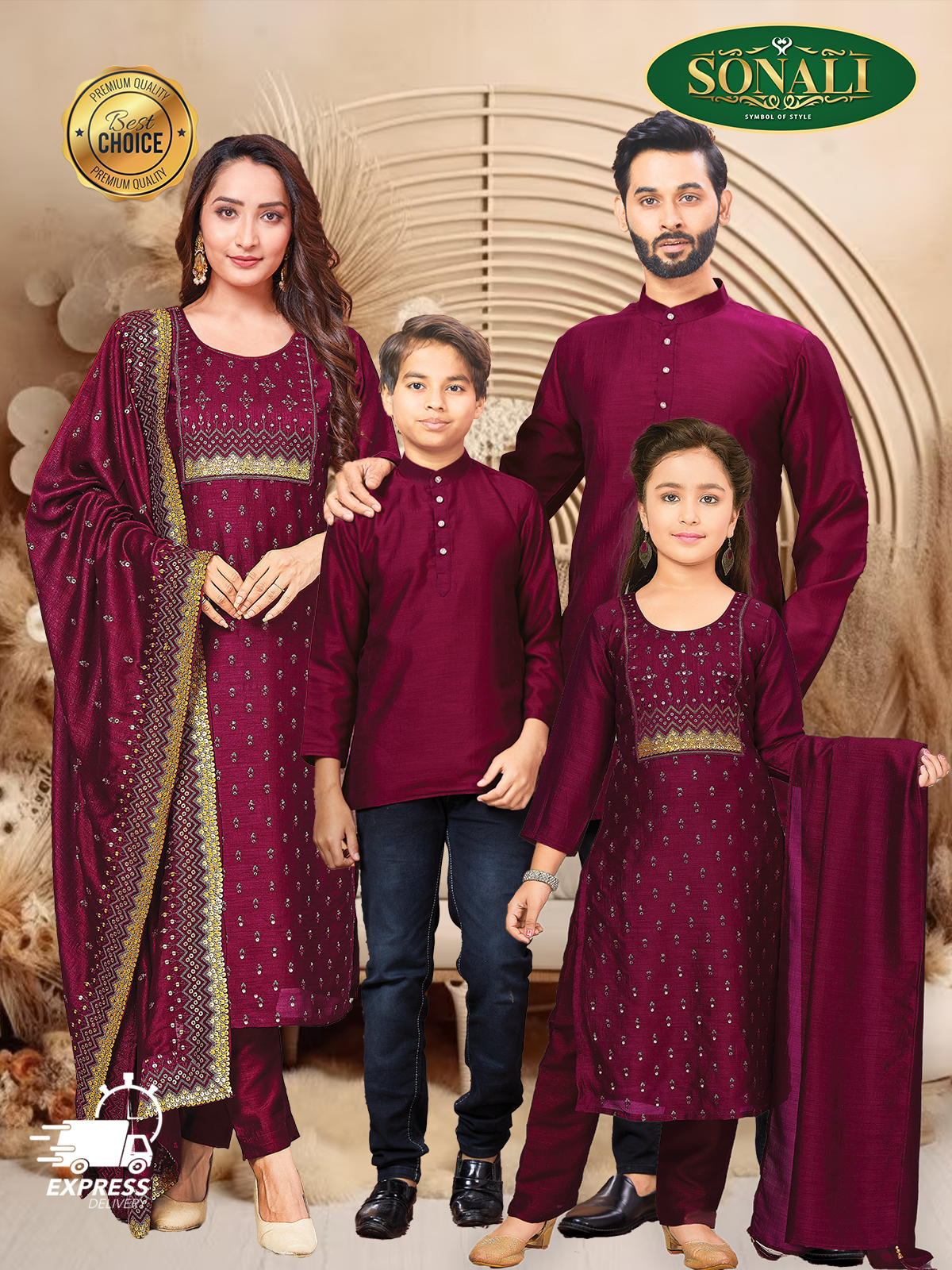 Sonali Premier Red Family Collection Men's Top Kurta / Women's Set (Free Dupatta) / Kid's Girls Set (Free Dupatta) / Boy's Kurta Top - Q1870 / Q1871 / Q1872 / Q1873