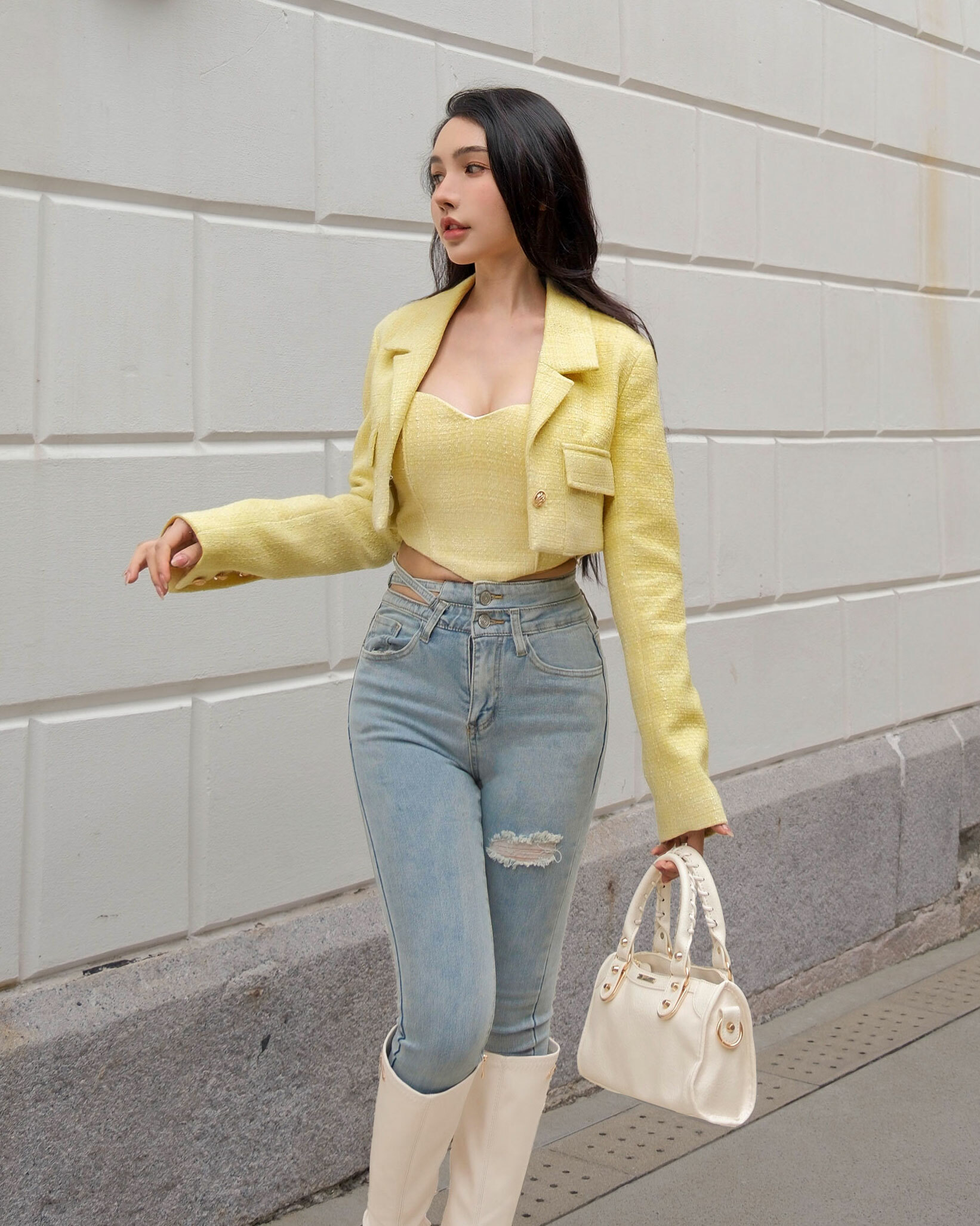 ⭒訂製-小香西裝領短版亮蔥套裝