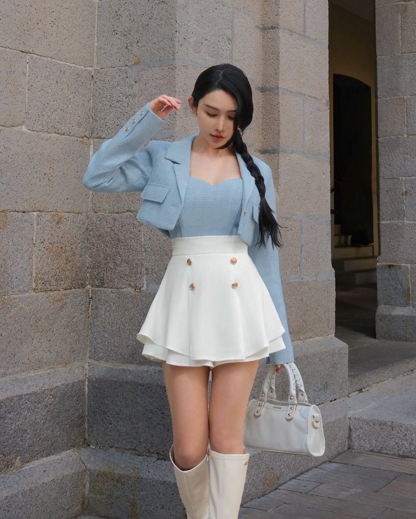 ⭒訂製-小香西裝領短版亮蔥套裝