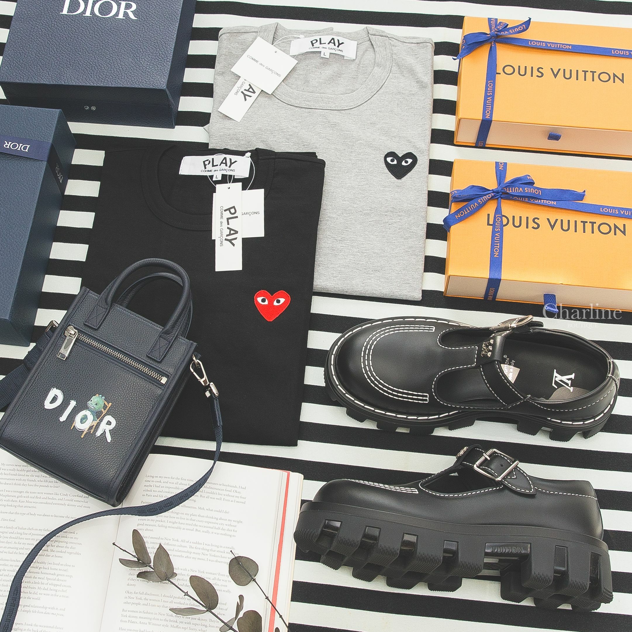 Dior And Otani Workshop Safari North-South Mini Tote Bag 深海藍白字龍年限定,Louis Vuitton Mary Jane 黑色銀釦白縫線瑪莉珍鞋-Charline Boutique 精品代購