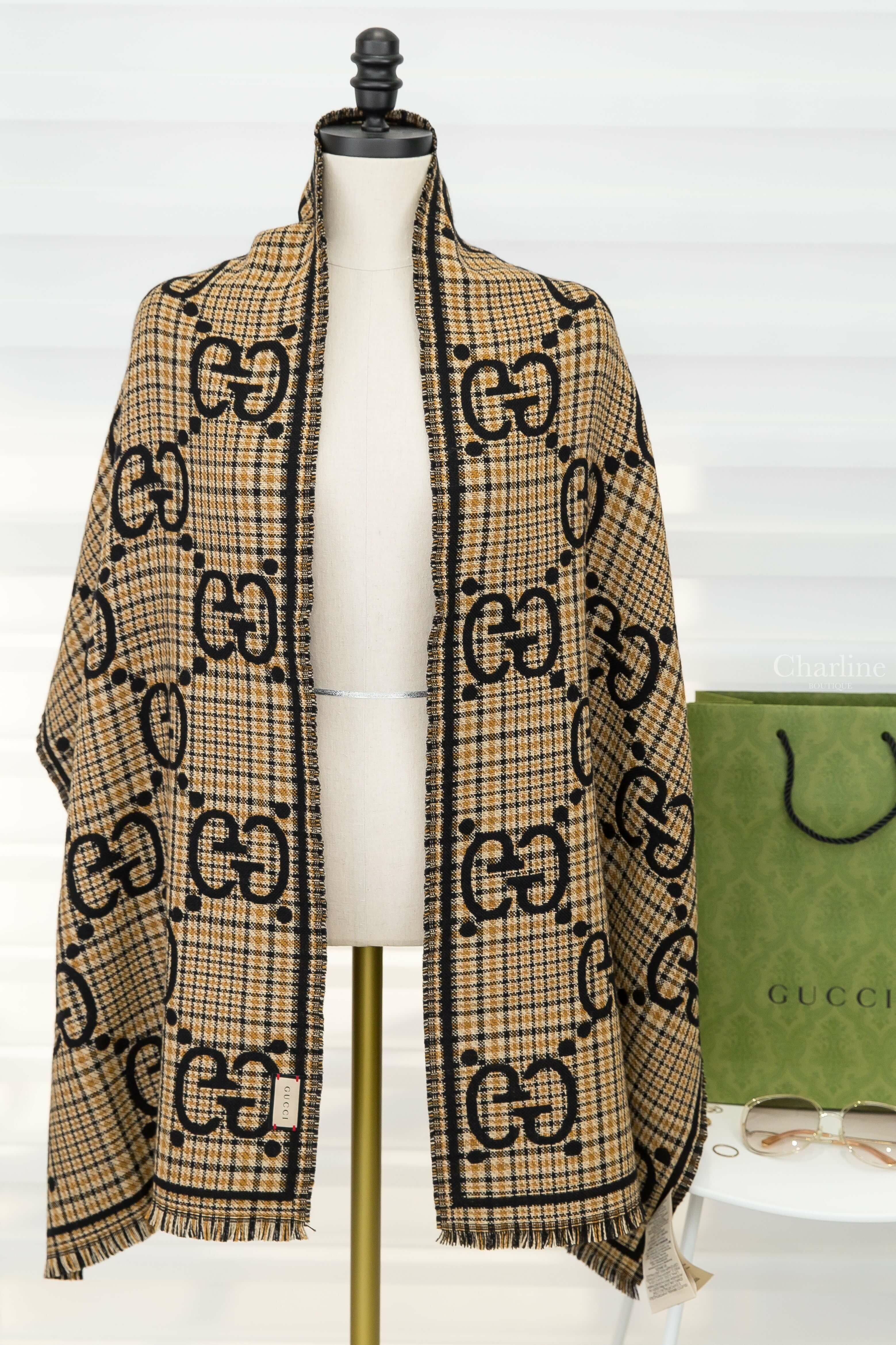 Gucci Check GG Wool Scarf 黑/淺褐色格紋拼色GG Logo羊毛流蘇圍巾-Charline Boutique 精品代購