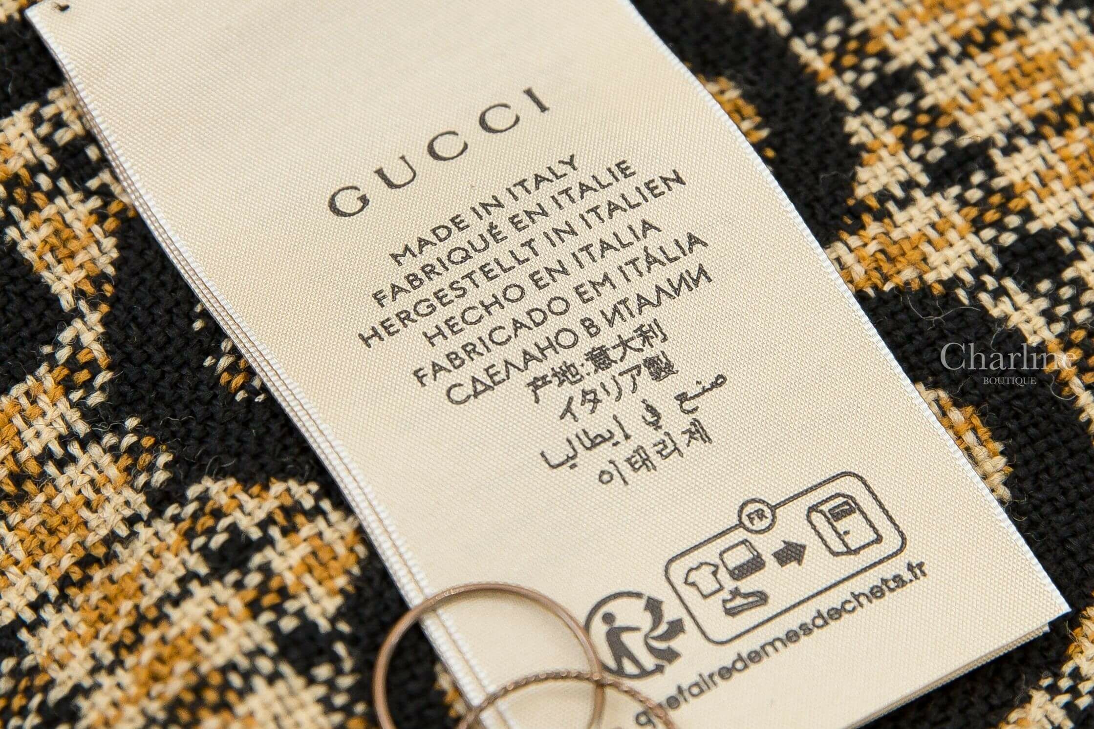 Gucci Check GG Wool Scarf 黑/淺褐色格紋拼色GG Logo羊毛流蘇圍巾-Charline Boutique 精品代購