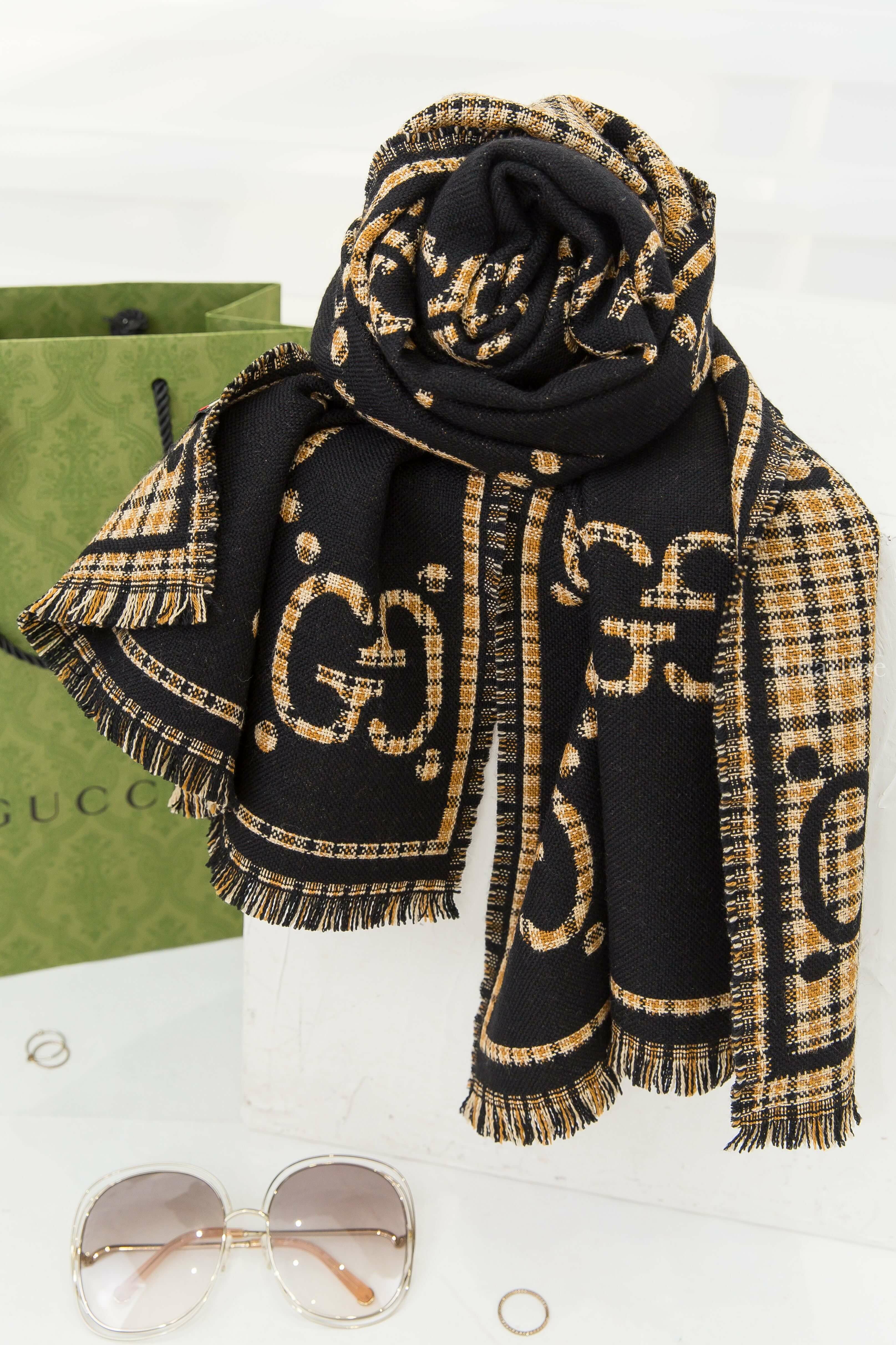 Gucci Check GG Wool Scarf 黑/淺褐色格紋拼色GG Logo羊毛流蘇圍巾