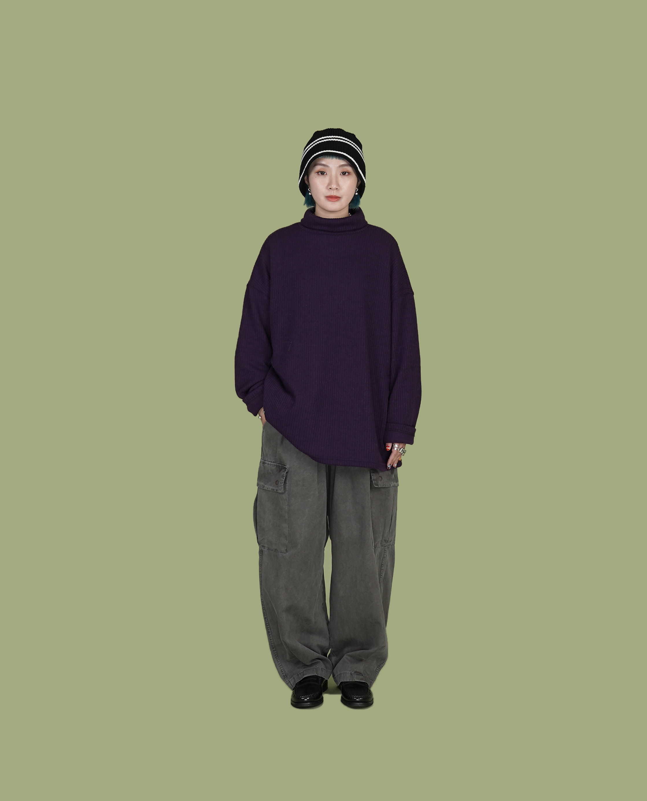 高領彈性直紋針織t