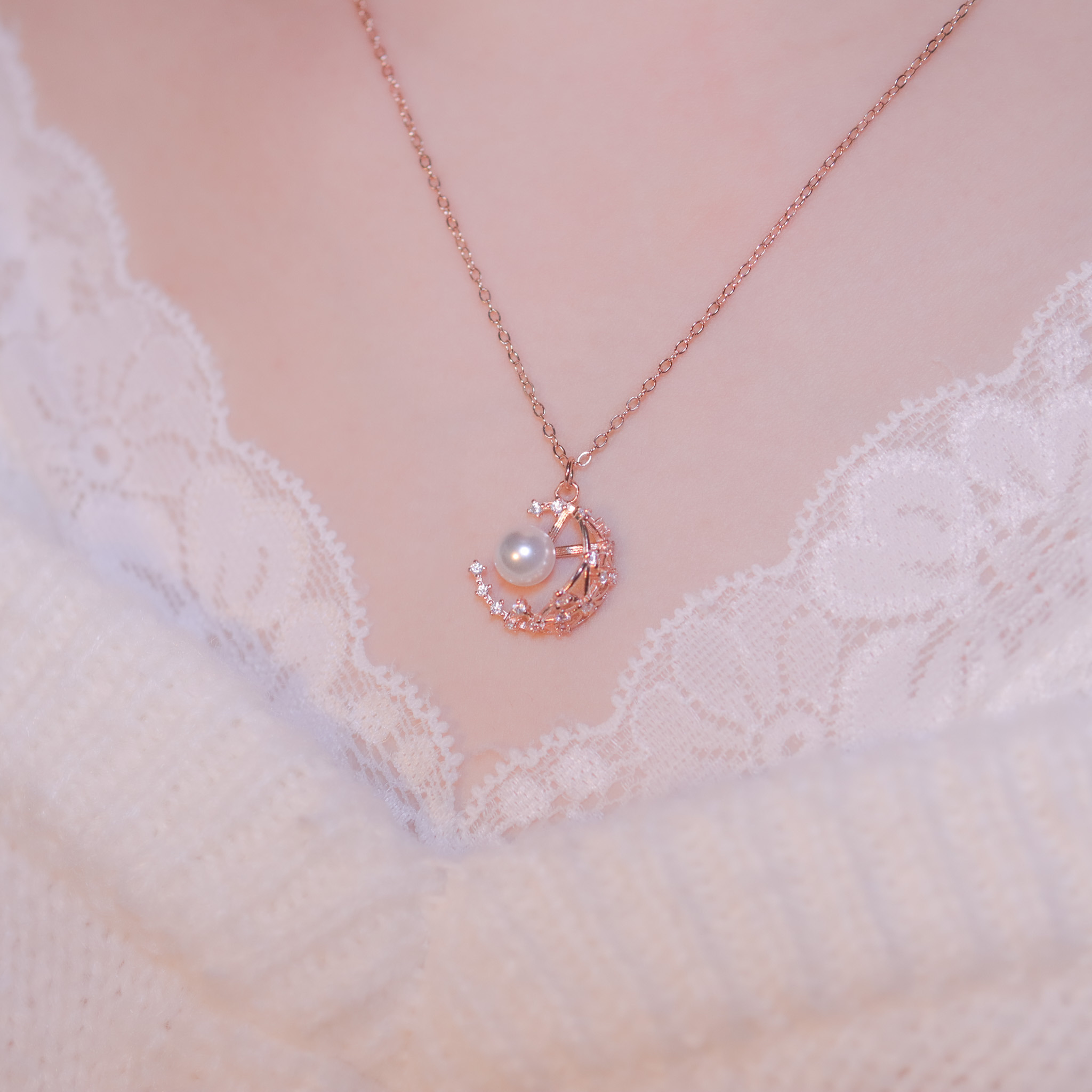 | 925純銀・白金・玫瑰金・珍珠 | 月無缺項鍊  (銀/玫瑰金) | NE1067 |