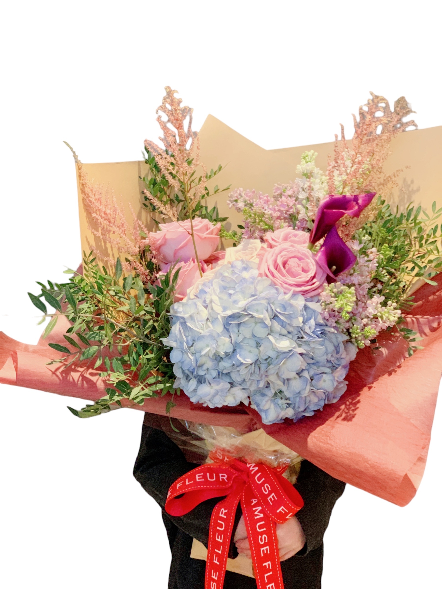 Purple Hugs | Premium Big Head Rose, Lilac, Hydrangea, Calla Lily, Astilbe, Pistacia Greens, Fresh Cut