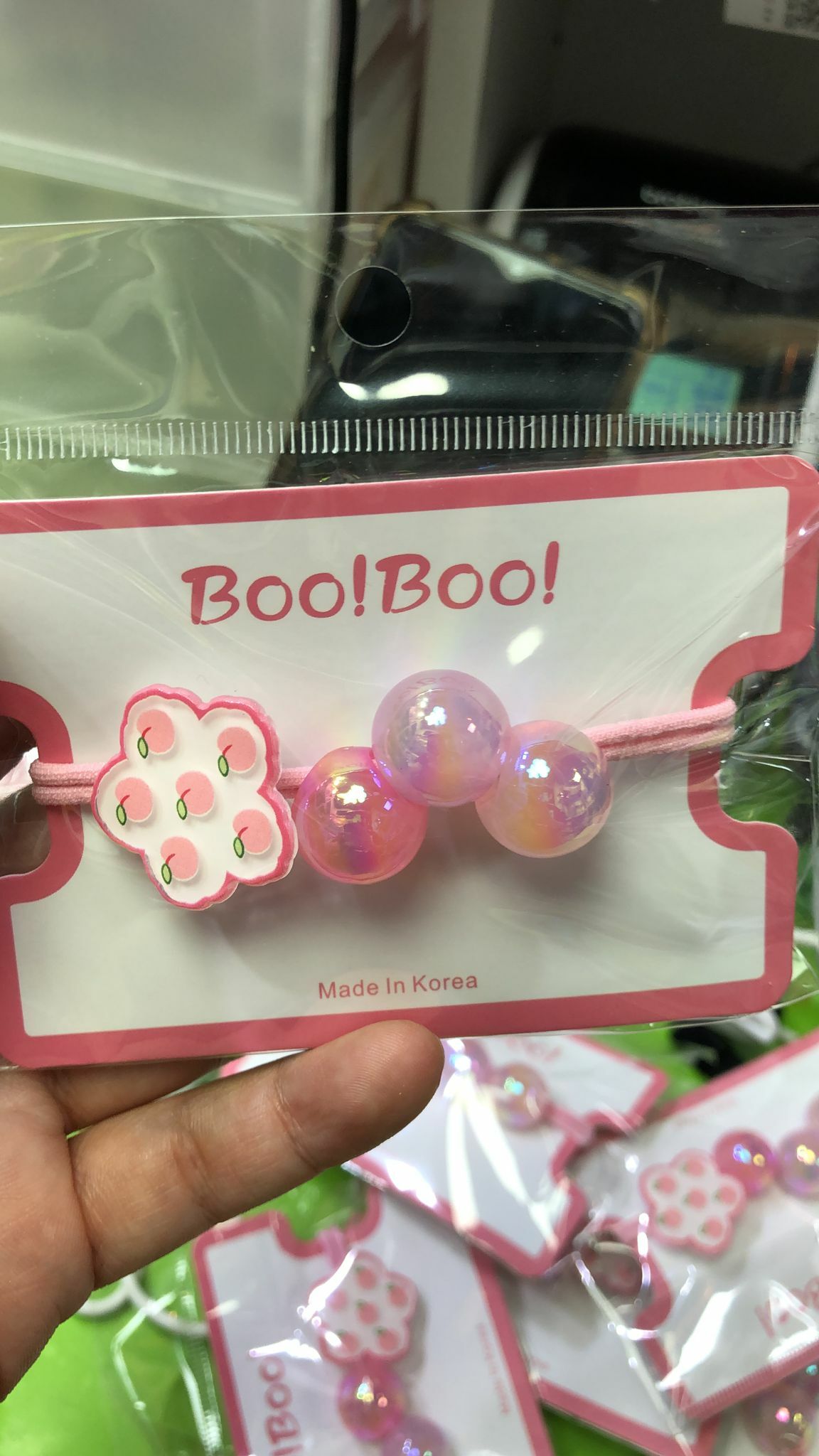 韓國製 Boo!Boo! 粉紅色花花桃珠珠髮圈