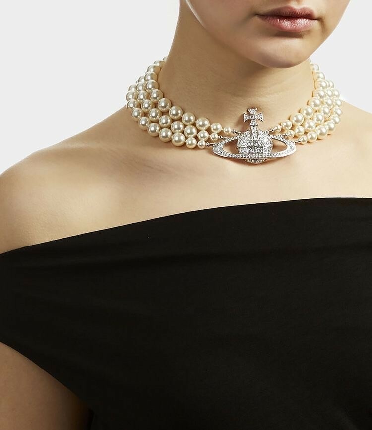 Vivienne Westwood 三層珍珠土星大Logo銀色項鍊 西太后