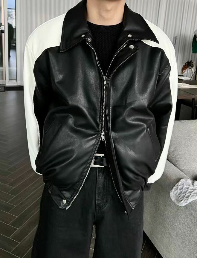 拼色反領拉鍊合成皮褸(羊羔絨底) JK2505