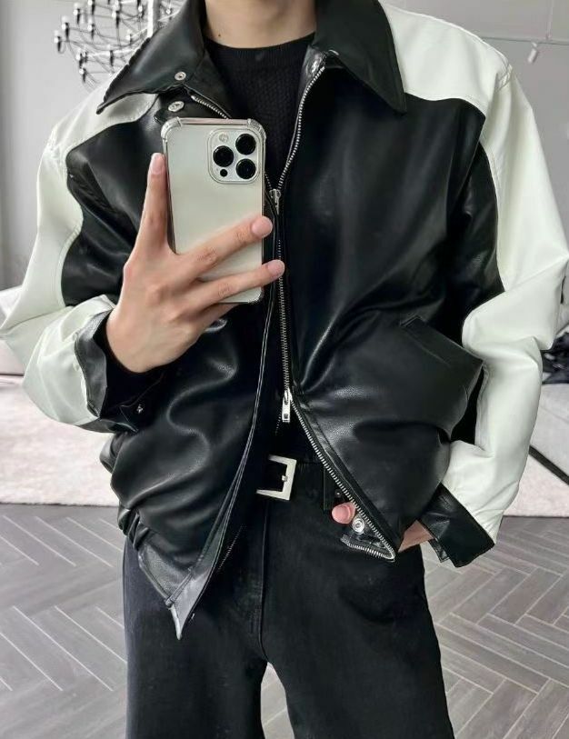 拼色反領拉鍊合成皮褸(羊羔絨底) JK2505