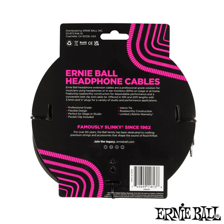 Ernie Ball PO6425 3.5 to 3.5 耳機延長線 6米