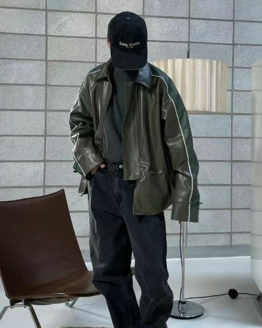 拼色反領可束腰拉鍊合成皮褸 JK2500