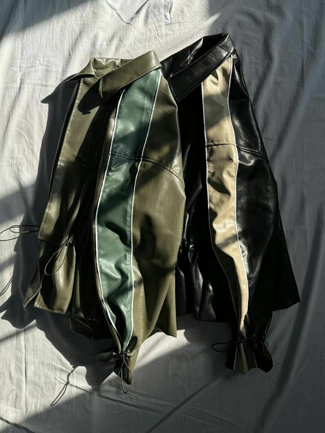 拼色反領可束腰拉鍊合成皮褸 JK2500