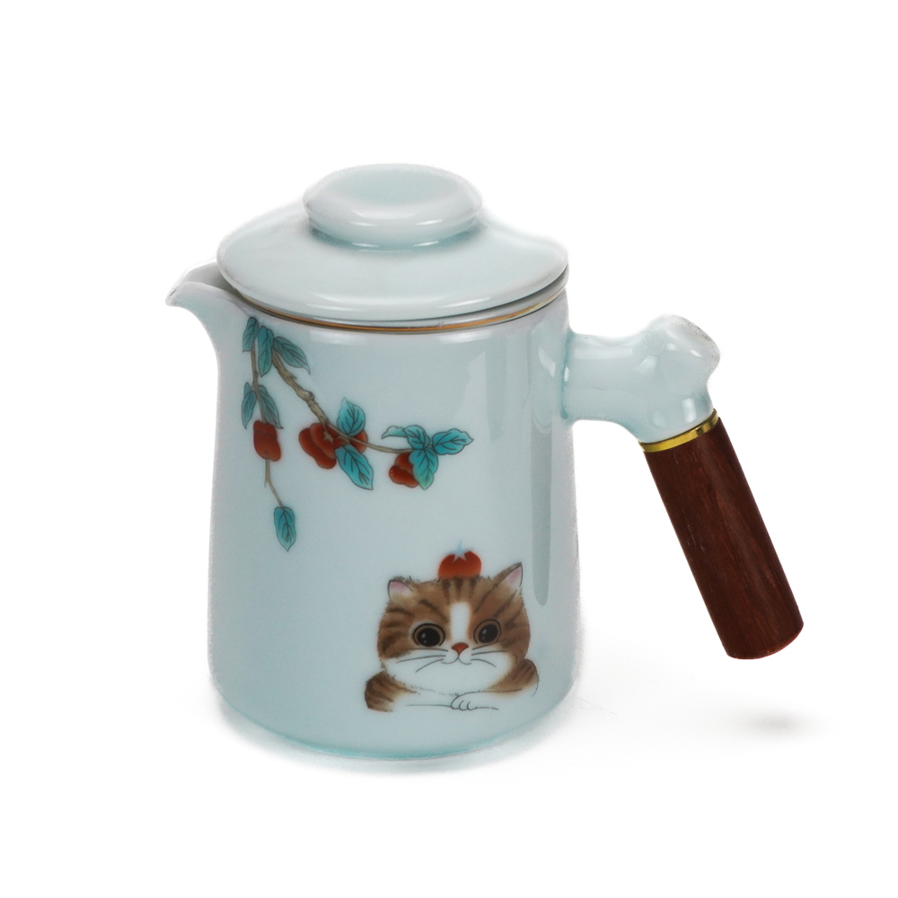 如意貓陶瓷便攜旅行功夫茶具｜戶外簡約木握柄快客杯一壺三杯商務禮品套裝