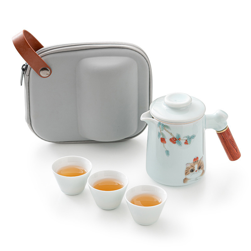 如意貓陶瓷便攜旅行功夫茶具｜戶外簡約木握柄快客杯一壺三杯商務禮品套裝