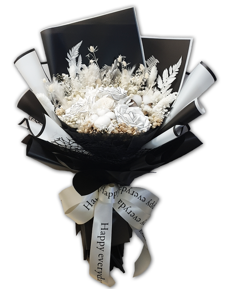 黑色描邊白色香皂花乾燥花花束,黑白系列