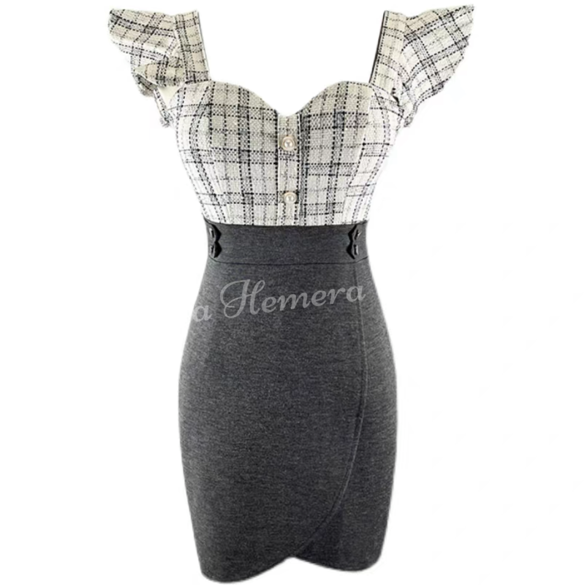 IN STOCK: DR24W0201 格仔飛飛袖小香風性感開叉連身裙