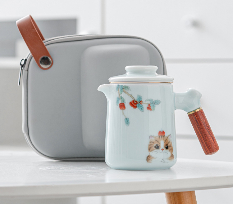 鹿港窯禮品館 │青釉旅行茶具套裝便携式包一壺三杯 如意貓 陶瓷功夫泡茶具 戶外旅行小禮品 商務活動禮品