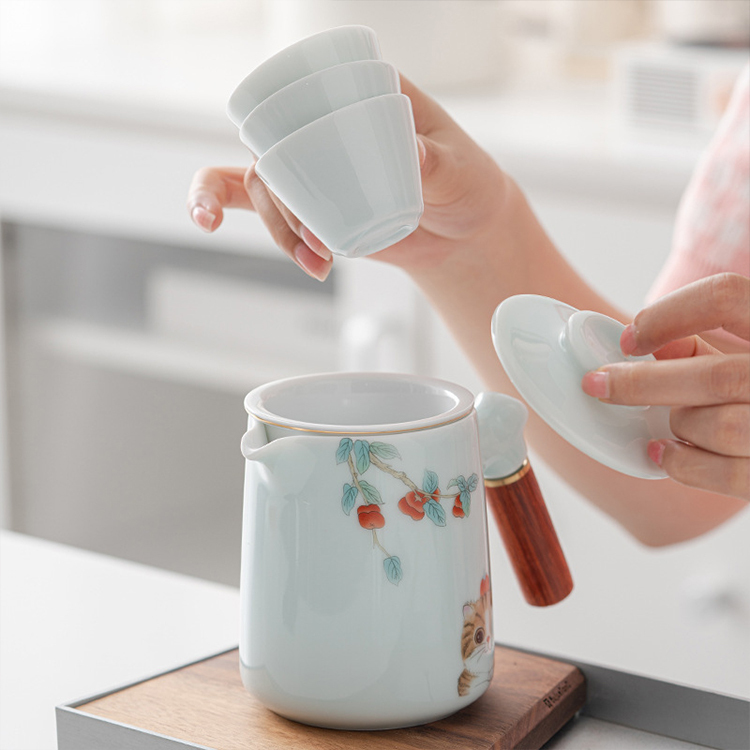 鹿港窯禮品館 │青釉旅行茶具套裝便携式包一壺三杯 如意貓 陶瓷功夫泡茶具 戶外旅行小禮品 商務活動禮品