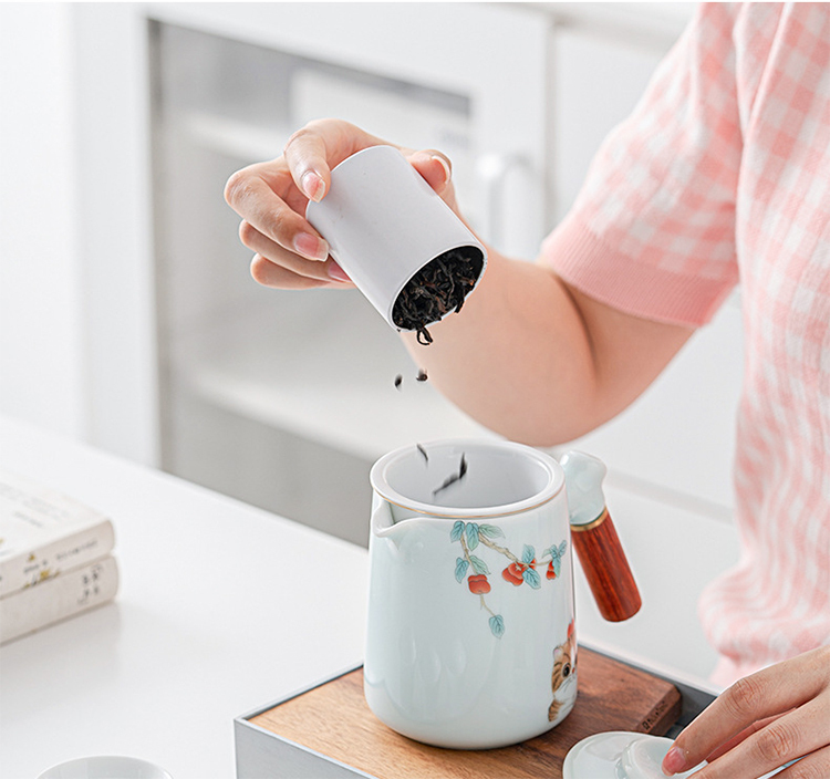 鹿港窯禮品館 │青釉旅行茶具套裝便携式包一壺三杯 如意貓 陶瓷功夫泡茶具 戶外旅行小禮品 商務活動禮品