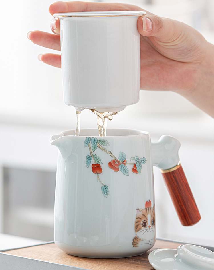 鹿港窯禮品館 │青釉旅行茶具套裝便携式包一壺三杯 如意貓 陶瓷功夫泡茶具 戶外旅行小禮品 商務活動禮品