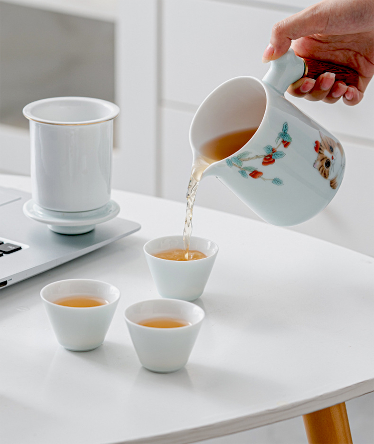 鹿港窯禮品館 │青釉旅行茶具套裝便携式包一壺三杯 如意貓 陶瓷功夫泡茶具 戶外旅行小禮品 商務活動禮品