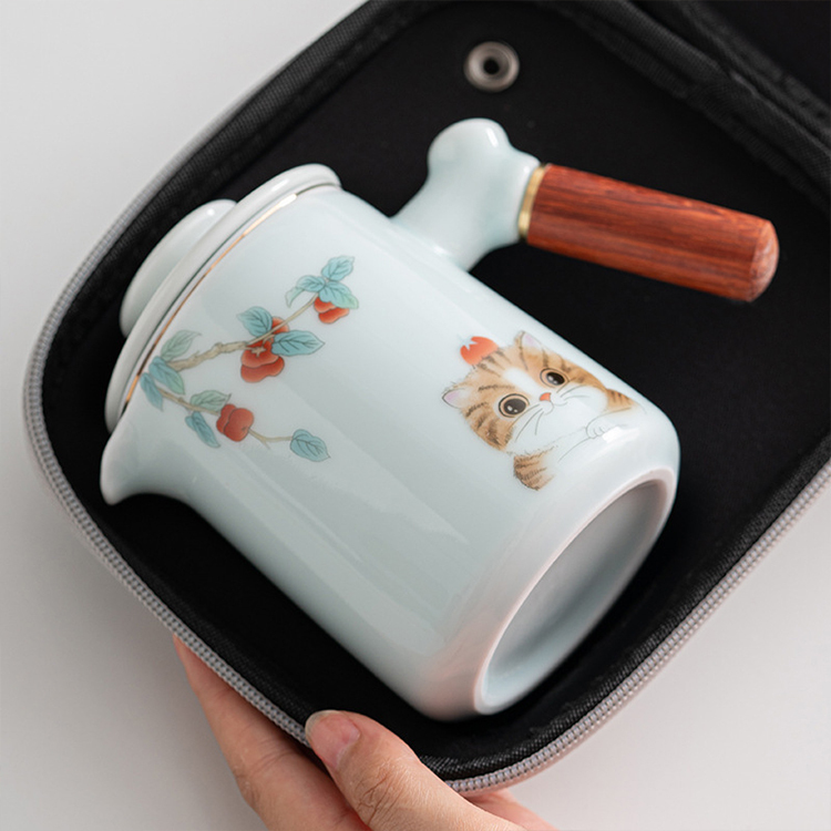鹿港窯禮品館 │青釉旅行茶具套裝便携式包一壺三杯 如意貓 陶瓷功夫泡茶具 戶外旅行小禮品 商務活動禮品