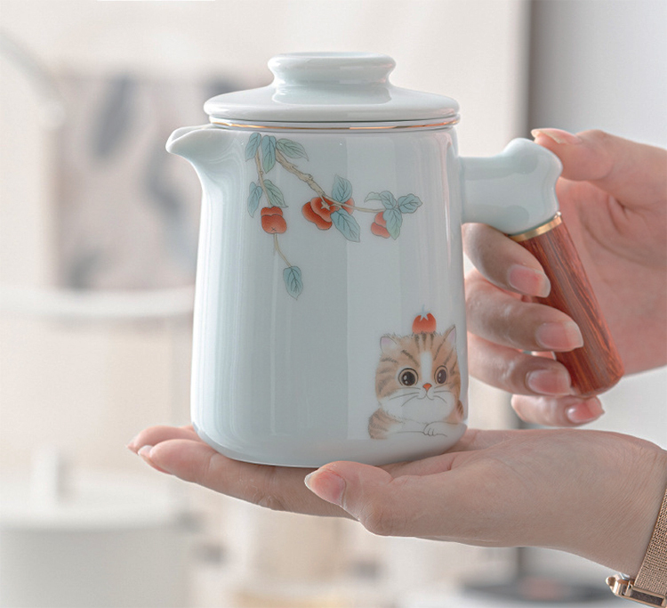 鹿港窯禮品館 │青釉旅行茶具套裝便携式包一壺三杯 如意貓 陶瓷功夫泡茶具 戶外旅行小禮品 商務活動禮品