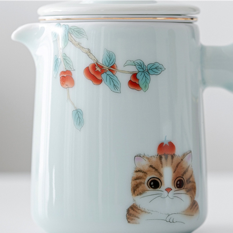 鹿港窯禮品館 │青釉旅行茶具套裝便携式包一壺三杯 如意貓 陶瓷功夫泡茶具 戶外旅行小禮品 商務活動禮品