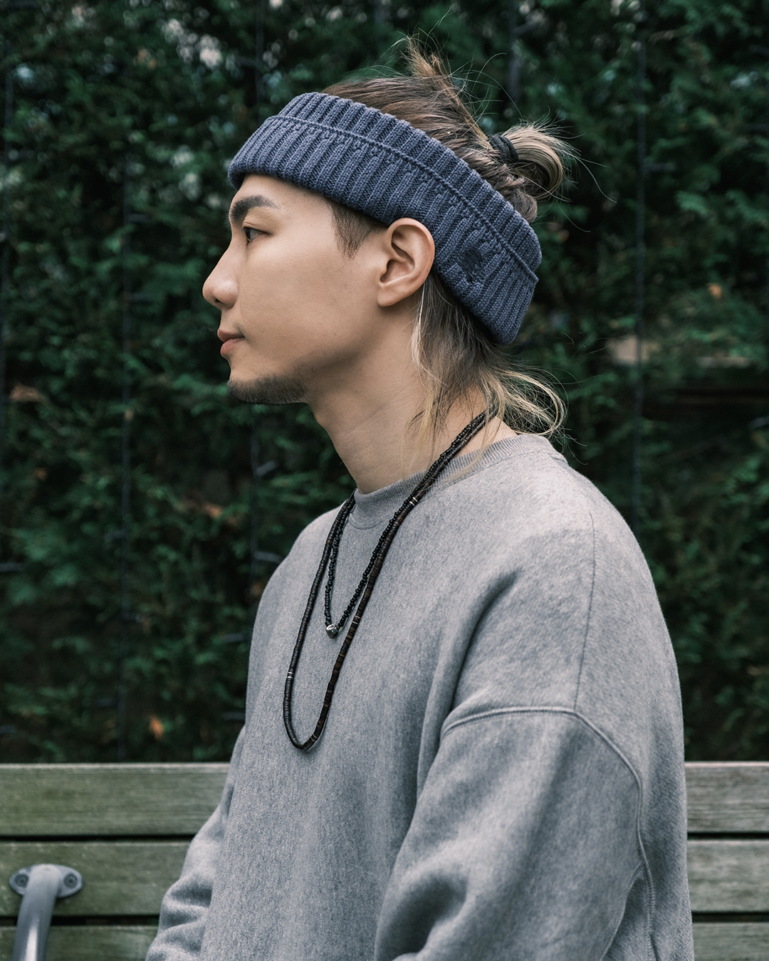 波紋４刺繡 反摺針織頭帶/脖圍(2 way)－質感藍