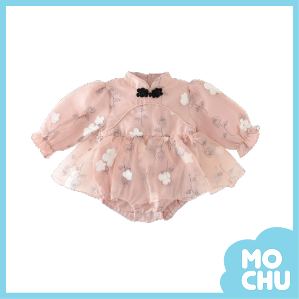 玫瑰刺繡花花長袖包屁衣