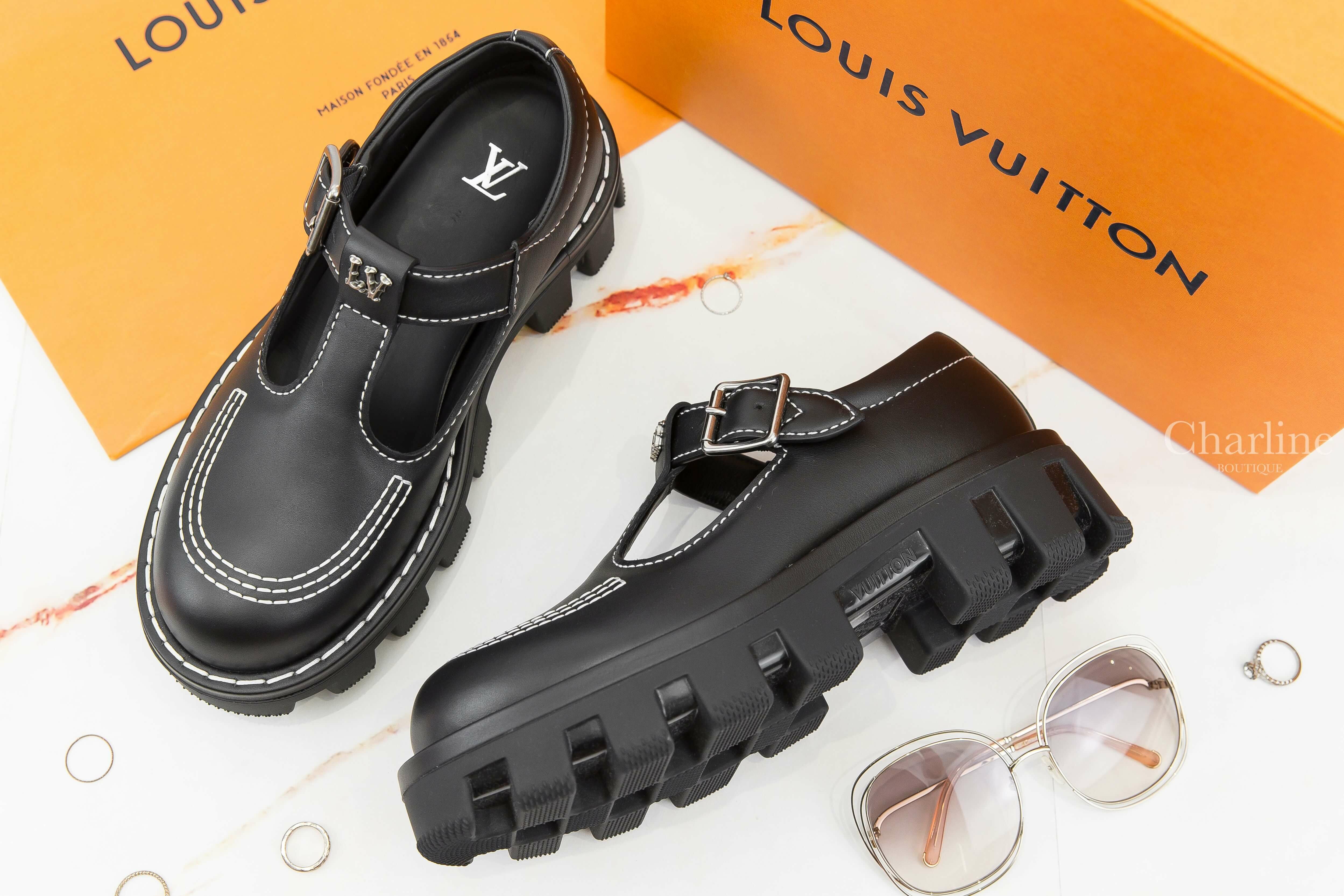 Louis Vuitton LV Checker Mary Jane 黑色銀釦牛皮白縫線厚底瑪莉珍鞋-Charline Boutique 精品代購