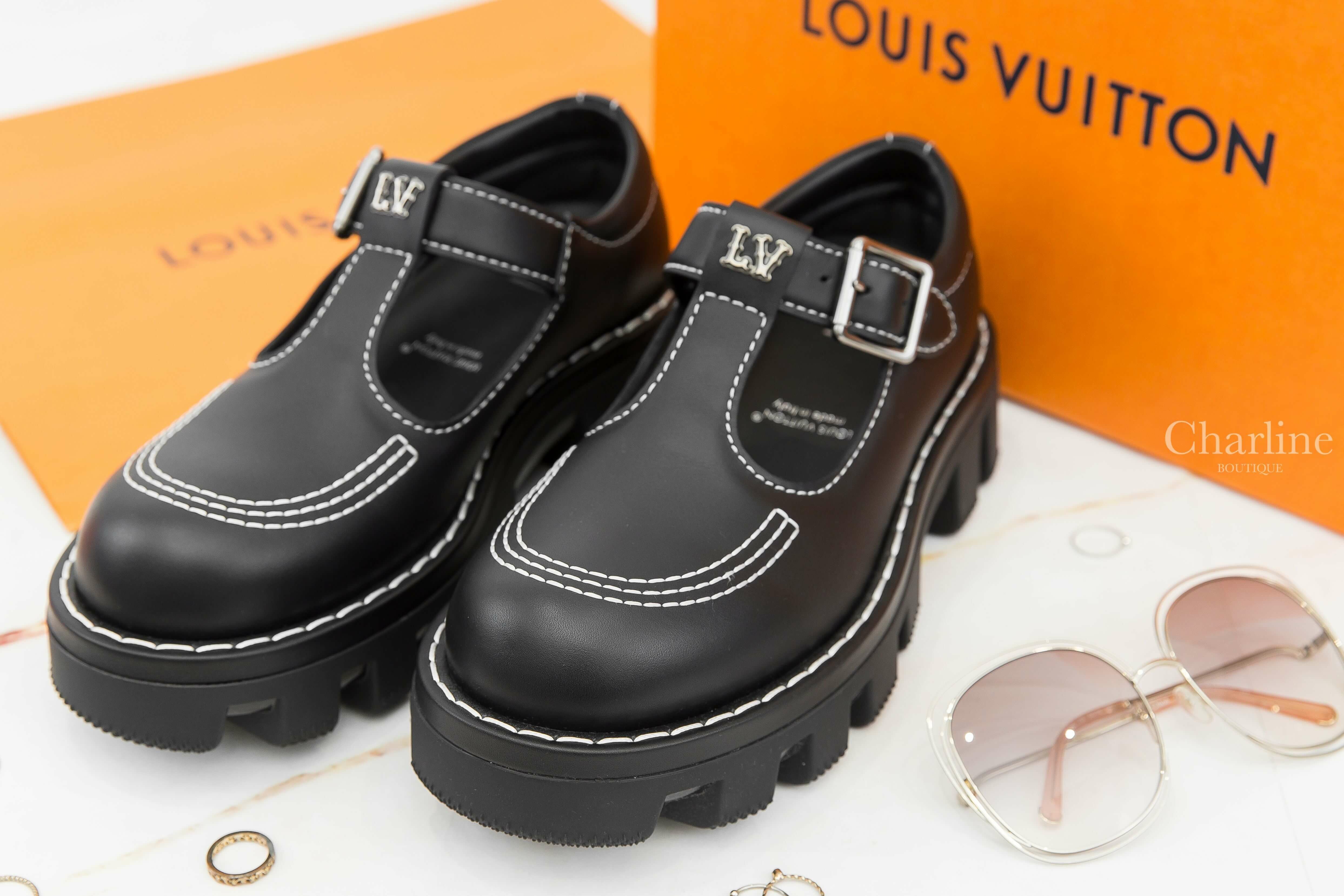 Louis Vuitton LV Checker Mary Jane 黑色銀釦牛皮白縫線厚底瑪莉珍鞋-Charline Boutique 精品代購