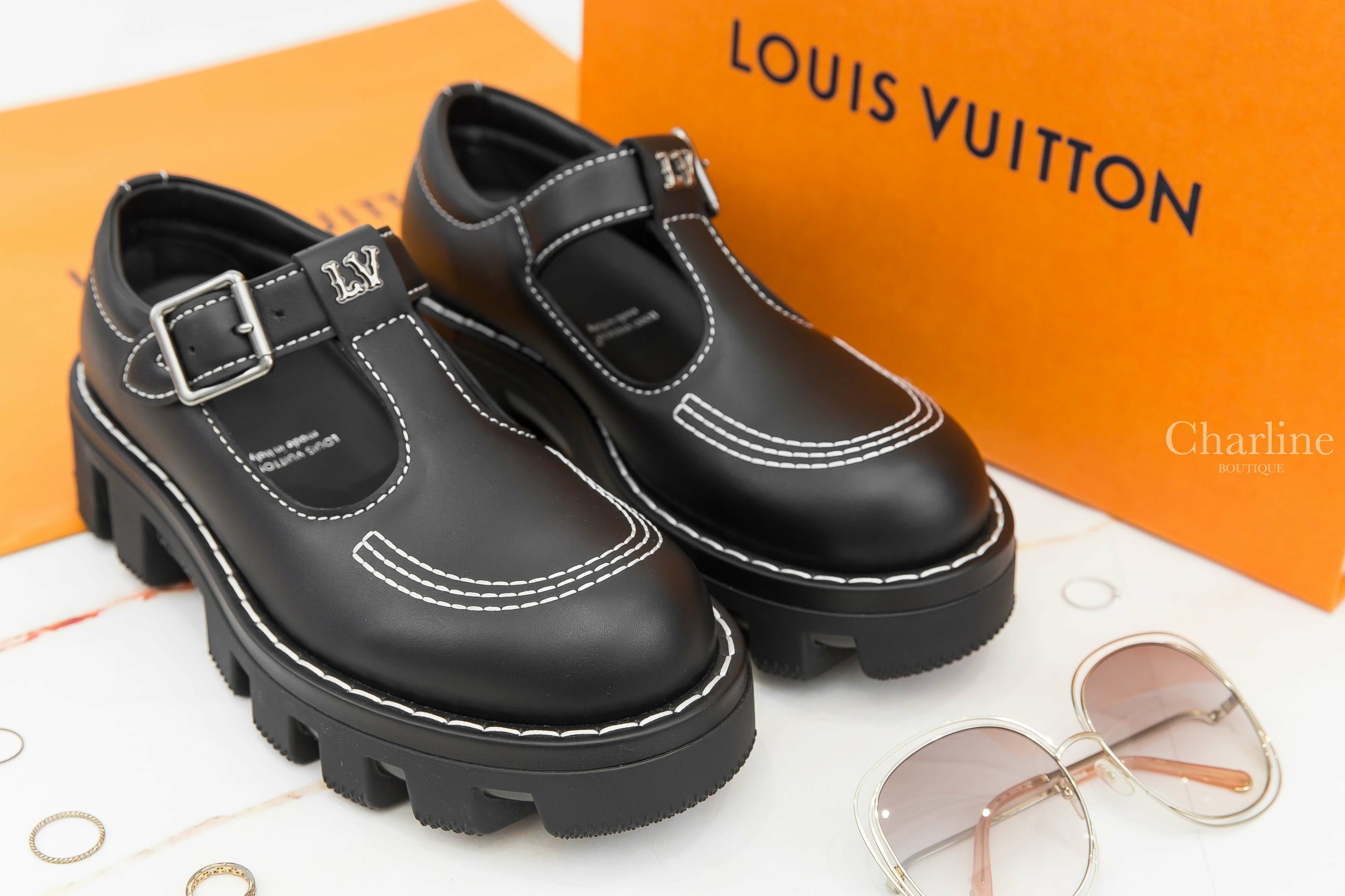 Louis Vuitton LV Checker Mary Jane 黑色銀釦牛皮白縫線厚底瑪莉珍鞋