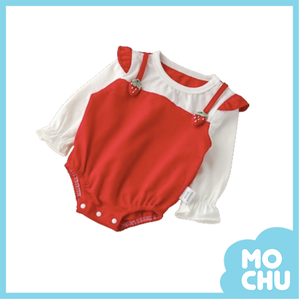 草莓紅白拼色長袖包屁衣