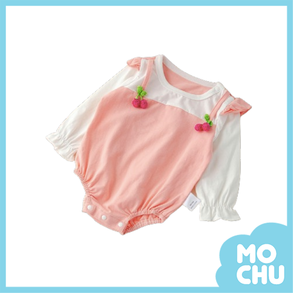 櫻桃粉白拼色長袖包屁衣