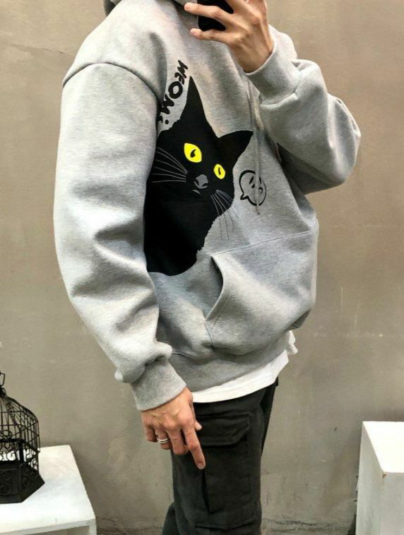 黑貓圖案連帽衛衣(薄抓毛底) T5300