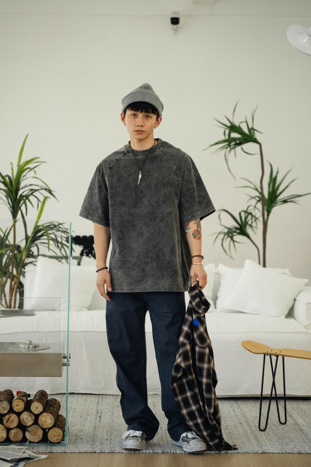 基礎水洗做舊直筒休閒長褲