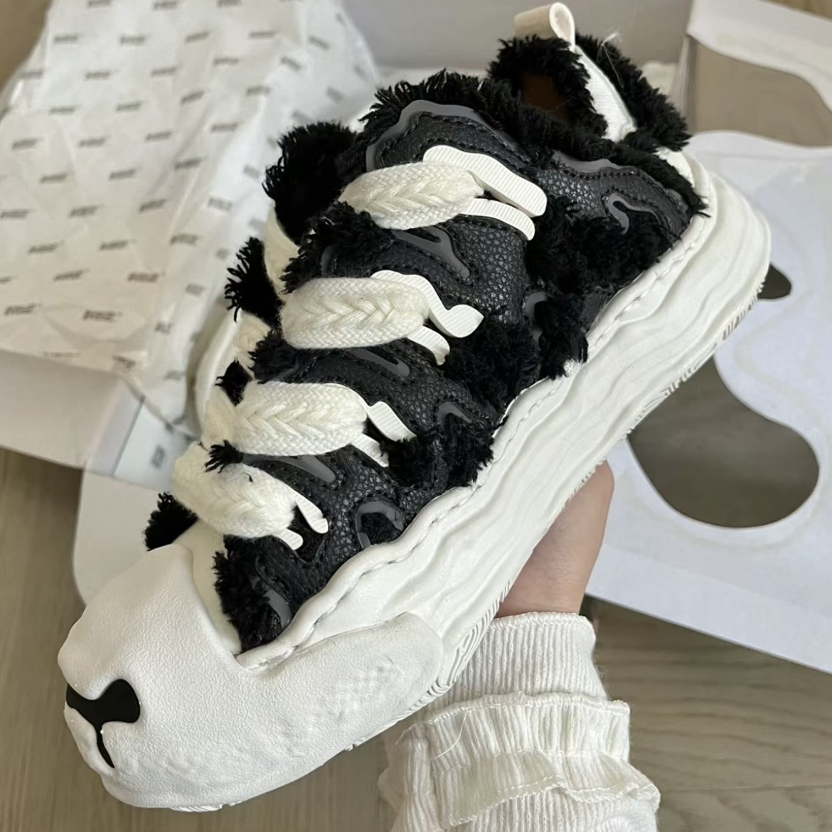 H52 開口笑 奶油蛋糕鞋 解構 溶解 粗鞋帶 小香風 趙露思同款 黑