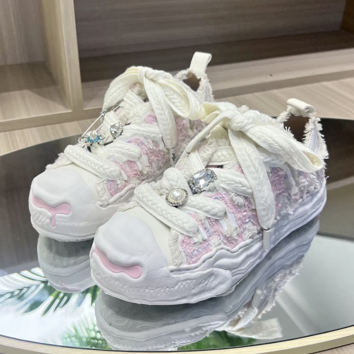 H52 開口笑 奶油蛋糕鞋 解構 溶解 粗鞋帶 小香風 趙露思同款 奶油粉