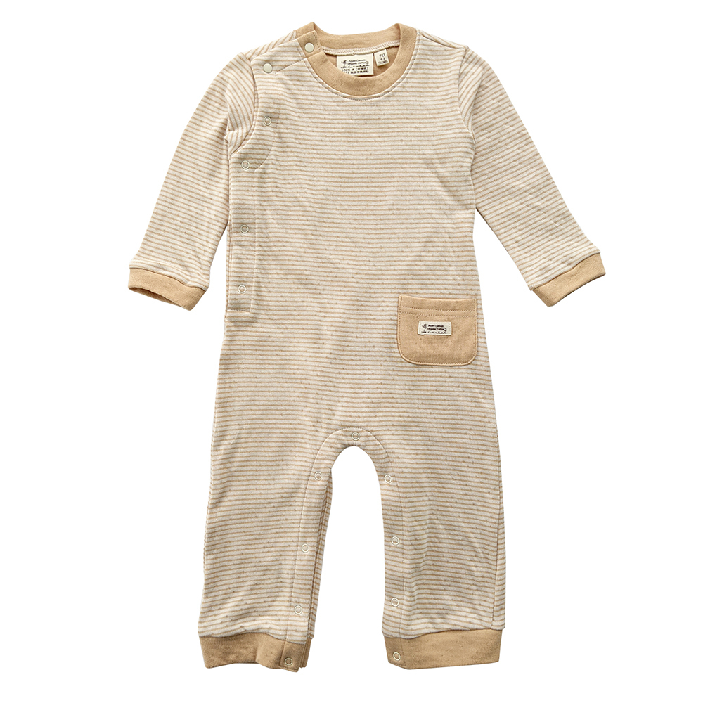 有機棉嬰幼兒雙層彩長袖連身褲-褐條 | 藍天畫布有機棉