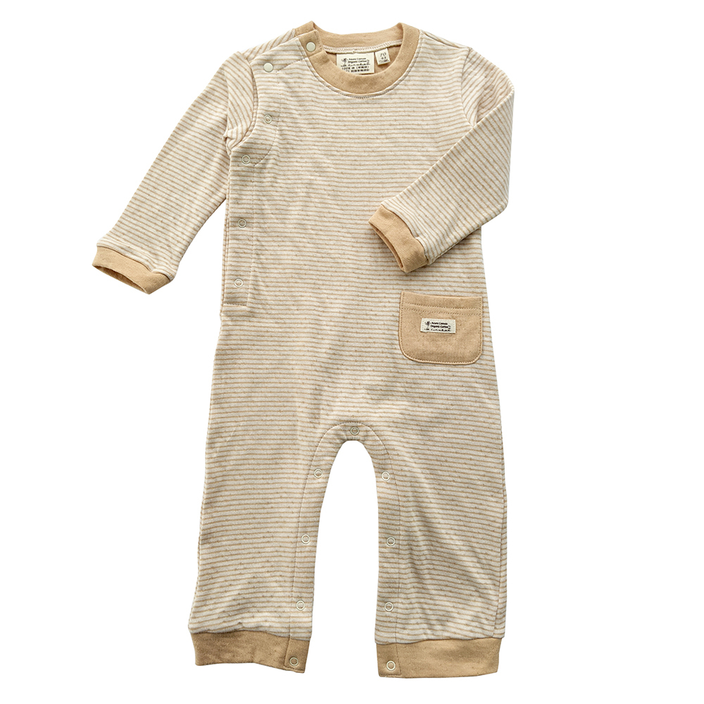 有機棉嬰幼兒雙層彩長袖連身褲-褐條 | 藍天畫布有機棉