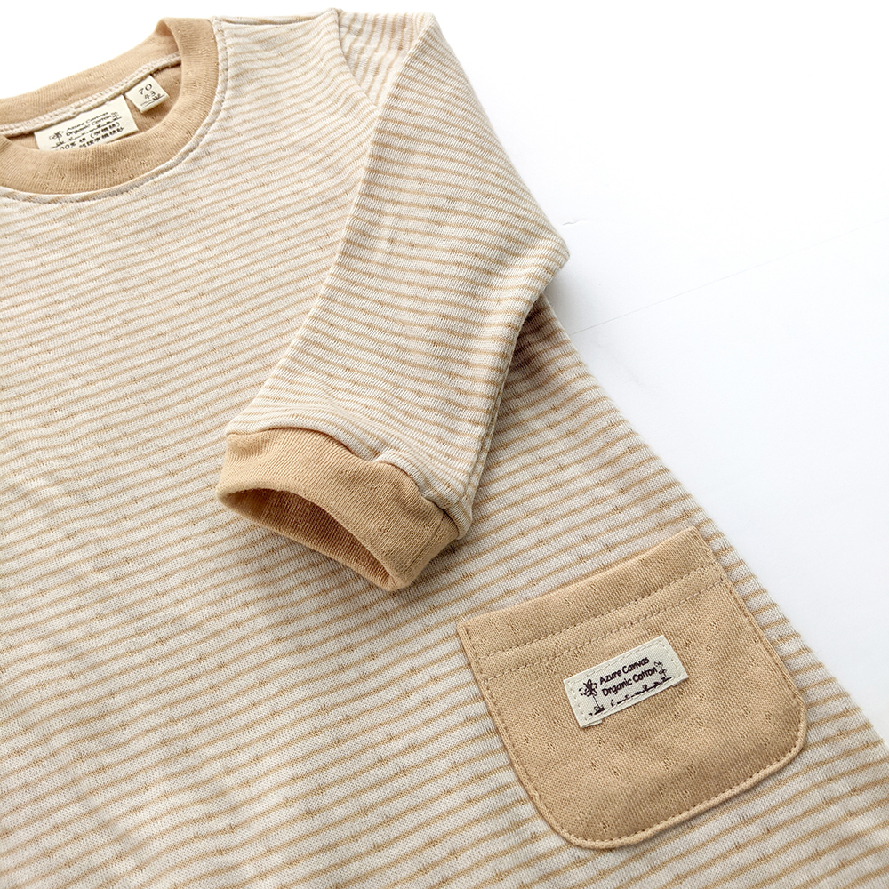 有機棉嬰幼兒雙層彩長袖連身褲-褐條 | 藍天畫布有機棉