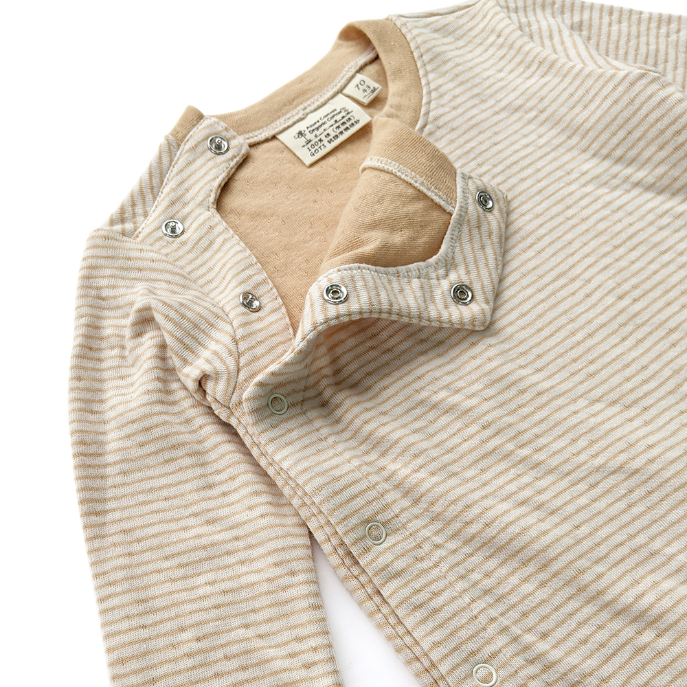 有機棉嬰幼兒雙層彩長袖連身褲-褐條 | 藍天畫布有機棉