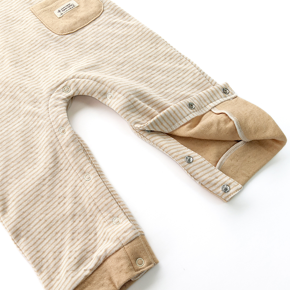 有機棉嬰幼兒雙層彩長袖連身褲-褐條 | 藍天畫布有機棉