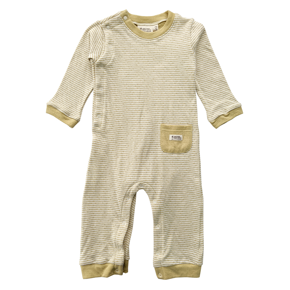 有機棉嬰幼兒雙層彩長袖連身褲-綠條 | 藍天畫布有機棉