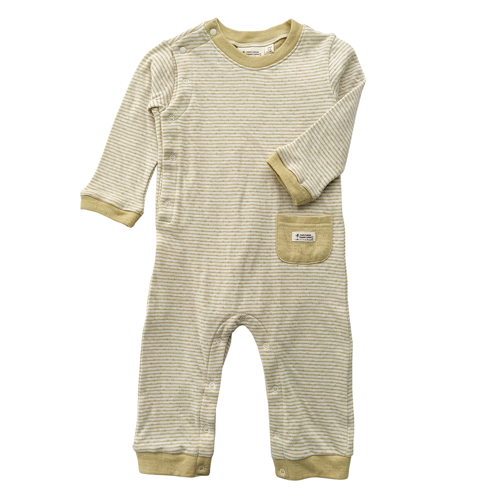 有機棉嬰幼兒雙層彩長袖連身褲-綠條 | 藍天畫布有機棉
